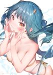  1girl animal_print bikini blue_hair blush electricity hands_on_own_cheeks hands_on_own_face heart highres horns lum oni oni_horns orange_eyes print_bikini ryota_(ry_o_ta) shiny shiny_hair shiny_skin signature simple_background solo strapless strapless_bikini swimsuit tiger_print urusei_yatsura white_background yellow_bikini 