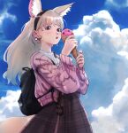  1girl animal_ears backpack bag black_hairband blue_sky blush brown_skirt cable_knit day earrings food fox_ears fox_girl fox_tail grey_hair hairband highres holding hololive ice_cream jacket jewelry long_hair long_sleeves looking_at_viewer luqosan omaru_polka outdoors parted_lips pink_jacket purple_eyes shirt skirt sky solo tail virtual_youtuber white_shirt 