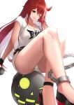  1girl ball_and_chain_restraint bangs belt blush breasts chain cleavage commentary_request gloves green_eyes guilty_gear guilty_gear_strive hand_up highres jack-o&#039;_valentine long_hair looking_at_viewer medium_breasts multicolored_hair one_eye_closed red_hair shiny shiny_hair shirt shoes shorts simple_background smile solo t-shirt thighs tongue tongue_out two-tone_hair usk_(yu_sk_usk39) white_background white_hair 