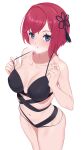  1girl absurdres bangs bare_shoulders black_bra black_panties blue_eyes blush bra breasts cleavage collarbone highres jilu large_breasts looking_at_viewer navel open_mouth original panties red_hair short_hair simple_background solo thighs underwear white_background 