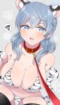  1girl ako_(blue_archive) animal_collar animal_ears animal_hands animal_print annzuwann bare_shoulders bell bikini blue_archive blue_eyes blue_hair blush breasts cleavage collar collarbone cowbell earrings fake_animal_ears gloves grey_background highres jewelry large_breasts leash looking_at_viewer neck_bell open_mouth paw_gloves pet_play print_bikini print_gloves print_legwear red_collar sitting solo spoken_blush spoken_squiggle squiggle swimsuit tail thighhighs tiger_ears tiger_print tiger_stripes tiger_tail viewer_holding_leash 