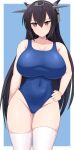  1girl black_hair blue_background blue_one-piece_swimsuit border breasts competition_swimsuit covered_navel cowboy_shot hand_on_hip headgear highleg highleg_swimsuit highres kantai_collection large_breasts long_hair looking_at_viewer nagato_(kancolle) one-piece_swimsuit red_eyes solo sumiboshi_(zatsuha) swimsuit thighhighs white_border white_thighhighs 