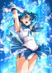 1girl arms_up bangs bishoujo_senshi_sailor_moon blue_eyes blue_hair blue_skirt breasts commentary_request earrings elbow_gloves gloves jewelry kaze_no_ryuuryuu leotard leotard_under_clothes medium_breasts mizuno_ami open_mouth pleated_skirt ribbon sailor_collar sailor_mercury sailor_senshi_uniform shiny shiny_hair short_hair simple_background skirt sleeveless solo sparkle teeth thighs tiara upper_teeth 