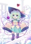  1girl :d absurdres aqua_eyes bangs bird black_headwear black_thighhighs bow breasts buttons diamond_button dove floppy_sleeves frilled_shirt_collar frilled_sleeves frills green_skirt happy hat hat_bow heart heart_of_string highres komeiji_koishi light_blush light_green_hair messy_hair mr.turtle_head ruins shirt short_hair skirt sleeves_past_fingers sleeves_past_wrists small_breasts smile solo standing thighhighs third_eye touhou yellow_bow yellow_shirt 