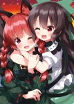  2girls :d animal_ear_fluff animal_ears bell black_bow blush bow braid brown_hair cat_ears cat_tail dress extra_ears fire friends green_bow green_dress green_skirt happy highres hug jingle_bell kaenbyou_rin long_hair multiple_girls multiple_tails neck_bell one-hour_drawing_challenge one_eye_closed open_mouth puffy_short_sleeves puffy_sleeves red_background red_eyes red_hair reiuji_utsuho ruu_(tksymkw) shirt short_sleeves skirt sky smile star_(sky) starry_sky tail tail_hug third_eye touhou twin_braids two_tails white_shirt 