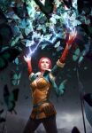  blue_butterfly bug butterfly gloves gwent_(game) highres magic night non-web_source pants red_gloves red_hair spell the_witcher_(series) triss_merigold witch 