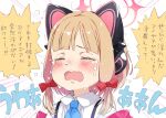  1girl animal_ear_headphones animal_ears bangs blonde_hair blue_archive blue_necktie blush bow cat_ear_headphones check_commentary closed_eyes commentary_request crying emphasis_lines fake_animal_ears gomennasai hair_bow halo headphones momoi_(blue_archive) necktie open_mouth red_bow shirt short_hair solo speech_bubble tears translation_request trembling upper_body wavy_mouth white_background white_shirt wing_collar 
