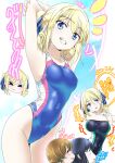  1boy 2girls angelina_kudou_shields black_one-piece_swimsuit blonde_hair blue_eyes blue_one-piece_swimsuit breasts commentary_request competition_swimsuit covered_navel cowboy_shot grin highleg highleg_swimsuit highres ichijou_masaki looking_at_viewer mahouka_koukou_no_rettousei mamezuka_takashi medium_breasts multiple_girls multiple_views one-piece_swimsuit shiba_miyuki small_breasts smile stretching swimsuit 