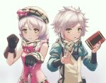  1boy 1girl :o bare_shoulders black_gloves book bow braid brother_and_sister clanne_(fire_emblem) fire_emblem fire_emblem_engage framme_(fire_emblem) gauntlets gloves green_bow grey_hair hat hat_bow holding holding_book long_sleeves looking_at_viewer medium_hair miraioranji pink_bow scarf siblings simple_background single_braid sleeveless smile twins upper_body white_background yellow_eyes 
