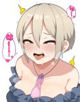  1girl after_fellatio black_eyes breasts cleavage condom cum earrings facial grey_hair highres idolmaster idolmaster_cinderella_girls jewelry large_breasts necklace open_mouth shiomi_syuko short_hair simple_background solo stray_pubic_hair takato_kurosuke tongue tongue_out used_condom white_background 
