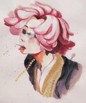  1other androgynous bead_necklace beads dangling_eye guro highres hollow_eyes jewelry jigokuraku mu_dan_(jigokuraku) necklace painting_(medium) pink_hair piogia_(sabia78246242) short_hair simple_background solo spikes stab traditional_media white_background yellow_eyes 