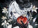  1girl apple black_gloves copyright_request flower food fruit gloves hair_ornament hair_over_one_eye hat highres holding holding_food holding_fruit looking_at_viewer one_eye_covered portrait purple_eyes red_apple rosette_(yankaixuan) solo 