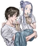  1boy 1girl abs absurdres alternate_costume alternate_hairstyle arms_around_neck asirpa blue_eyes blue_hair blue_pants blush brown_eyes brown_hair bubble_tea carrying chamuring child_carry cup disposable_cup drink drinking drinking_straw drinking_straw_in_mouth earrings golden_kamuy hair_bun highres holding holding_cup holding_drink hoop_earrings iced_tea jewelry long_hair muscular muscular_male object_on_pectorals open_mouth pants pectorals saliva saliva_trail scar scar_on_cheek scar_on_face scar_on_mouth scar_on_nose shirt short_hair signature sugimoto_saichi tea toned toned_male white_background white_shirt 