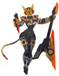  1girl absurdres beat_buckle breasts cable cable_tail catball1994 clenched_hand full_body guitar head_tilt highres holding holding_instrument instrument kamen_rider kamen_rider_geats_(series) kamen_rider_na-go looking_at_viewer mechanical_tail medium_breasts orange_eyes power_armor solo tail tokusatsu white_background wide_hips 