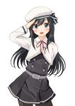  1girl asashio_(kancolle) asashio_kai_ni_(kancolle) beret black_hair black_pantyhose blue_eyes buttons cowboy_shot dress hair_between_eyes hat highres jacket kantai_collection long_hair long_sleeves looking_at_viewer neck_ribbon owa_(ishtail) pantyhose pinafore_dress pleated_dress red_ribbon ribbon salute shirt simple_background solo white_background white_headwear white_jacket white_shirt 