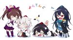  4girls bandaid black_hair blue_shirt brown_hair camera chibi closed_eyes crying detached_sleeves fallen_down head_bump headpat highres himekaidou_hatate iizunamaru_megumu inubashiri_momiji multiple_girls plaid plaid_skirt red_eyes shameimaru_aya shirt skirt smile tengu touhou tripod white_background white_hair white_shirt yamanakaume 