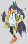  1girl :d adapted_costume bird_wings black_pants black_wings boots bow brown_footwear full_body green_bow green_skirt grey_background hair_bow high_heel_boots high_heels highres hood hoodie jack_(wkm74959) long_sleeves looking_at_viewer miniskirt one-hour_drawing_challenge open_mouth pants plaid ponytail red_eyes reiuji_utsuho simple_background skirt smile standing striped striped_pants touhou white_hoodie wings 
