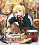  1girl absurdres arm_support bocchi_the_rock! bow drum drumsticks head_tilt highres holding holding_drumsticks hood hoodie ijichi_nijika instrument long_hair oshiri_seijin red_bow side_ponytail sidelocks sitting smile solo yellow_eyes 