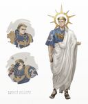  1boy 2022 absurdres armor artist_name blonde_hair blue_eyes book circlet closed_mouth dated facepalm full_body ginias halo highres holding holding_book imperium_of_man lips looking_at_viewer multiple_views pauldrons primarch robe roboute_guilliman sandals short_hair shoulder_armor simple_background squiggle toes ultramarines warhammer_40k white_background 