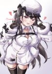  1girl :d absurdres azur_lane black_bow black_gloves black_hair black_thighhighs blush bow breasts cleavage coat collared_dress commentary_request cowboy_shot dress fang fur-trimmed_coat fur_trim gloves gradient gradient_background hair_bow hands_up hat heart highres large_breasts leaning_forward long_hair long_sleeves looking_at_viewer makihige pamiat_merkuria_(azur_lane) pink_eyes pointing pointing_at_self purple_eyes russian_clothes side_ponytail signature smile solo thighhighs very_long_hair white_coat white_dress white_headwear 