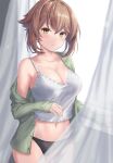  1girl black_panties blush breasts brown_hair cleavage closed_mouth collarbone cowboy_shot green_eyes green_shirt hair_between_eyes highres kantai_collection large_breasts long_sleeves looking_at_viewer monoku mutsu_(kancolle) navel open_clothes open_shirt panties shirt short_hair smile solo underwear 