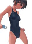  1girl bangs black_eyes black_hair breasts closed_mouth commentary competition_swimsuit covered_nipples dark_skin highleg highres kuronami_(lvi) looking_at_viewer lvi medium_breasts one-piece_swimsuit one-piece_tan original revision short_hair smile solo speedo_(company) standing swimsuit tan tanlines 