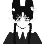  1girl addams_family animal_ear_fluff animal_ears black_dress black_hair cat_ears collar cosplay dress extra_ears kaenbyou_rin looking_at_viewer monochrome pointy_ears puffy_sleeves sketch solo step_arts touhou wednesday_(netflix) wednesday_addams white_background 
