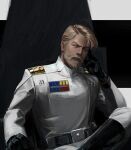  1boy absurdres alternate_universe beard belt black_belt black_footwear black_gloves blonde_hair boots crossed_legs dark_persona english_commentary facial_hair galactic_empire gloves hair_behind_ear highres jacket male_focus military military_uniform obi-wan_kenobi p1nkmic pants realistic red_eyes sitting solo star_wars uniform white_jacket white_pants 