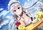  &gt;_&lt; 1girl absurdres azur_lane belfast_(azur_lane) blue_eyes breast_rest breasts breasts_on_table cake candle cellphone cleavage cup day drinking_glass drinking_straw dutch_angle food gloves highres jelilianamiku large_breasts looking_at_viewer maid_headdress manjuu_(azur_lane) outdoors phone pov_across_table smartphone table water white_gloves white_hair wooden_table 