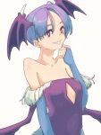  1girl bare_shoulders bat_wings breasts bridal_gauntlets clothing_cutout commentary flat_chest grin head_wings highres irc14786149 leotard lilith_aensland pantyhose purple_hair red_eyes red_leotard short_hair smile solo vampire_(game) white_background wings 