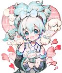  &gt;_&lt; 1girl :d bare_shoulders blue_bow blue_eyes blue_hair blush bow character_request cinnamiku cinnamoroll detached_sleeves hair_bow hatsune_miku heart highres holding long_sleeves looking_at_viewer open_mouth rosette_(yankaixuan) sanrio smile solo twintails vocaloid 