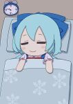  1girl absurdres alarm_clock bed_sheet blue_bow blue_dress blue_hair blush_stickers bow cirno clock closed_eyes closed_mouth commentary dress fairy fumo_(doll) hair_between_eyes hair_bow highres ice ice_wings kame_(kamepan44231) pillow shirt short_hair short_sleeves sleeping smile snowflake_print solo touhou white_shirt wings 
