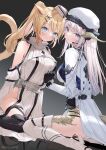  2girls absurdres animal_ears au_ra avatar_(ff14) bangs black_panties blonde_hair blue_eyes boots breasts cat_ears cat_tail clothing_cutout dragon_horns dragon_tail dutch_angle final_fantasy final_fantasy_xiv gloves gradient gradient_background grey_background hat headset highres horns kneeling large_breasts long_hair looking_at_viewer miqo&#039;te multiple_girls no_panties panties pelvic_curtain ponytail purple_eyes scales shoulder_cutout tail thigh_boots underwear white_hair yana_mori 