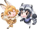  2girls animal_costume animal_ear_fluff animal_ears blonde_hair bow bowtie brown_eyes cat_ears cat_girl cat_tail common_raccoon_(kemono_friends) extra_ears gloves grey_hair kemono_friends kneehighs looking_at_viewer multiple_girls official_art one_eye_closed open_mouth pantyhose raccoon_ears raccoon_girl raccoon_tail serval_(kemono_friends) shirt shoes simple_background skirt smile socks tail yellow_eyes 