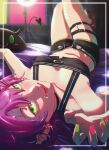  1girl :p black_shorts breasts claw_pose demon_tail earrings fang fingernails fishnet_thighhighs fishnets glint green_eyes highres hololive jewelry looking_at_viewer luqosan lying nail_polish navel_piercing on_back on_bed piercing pink_nails purple_hair shoes shorts single_thighhigh small_breasts smile solo tail thigh_strap thighhighs tokoyami_towa tongue tongue_out virtual_youtuber 