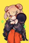  1girl :q animal_ears arknights bear_ears bear_girl black_jacket blonde_hair candy_hair_ornament closed_mouth commentary_request feet_out_of_frame food-themed_hair_ornament frying_pan gummy_(arknights) hair_ornament hairclip holding holding_frying_pan imros jacket long_sleeves looking_at_viewer medium_hair orange_eyes orange_pantyhose pantyhose simple_background smile solo tongue tongue_out yellow_background 