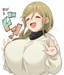  1girl :d bouncing_breasts breasts closed_eyes fang grey_sweater hands_up highres huge_breasts inuyama_aoi long_sleeves simple_background skin_fang smile solo sweater takato_kurosuke thick_eyebrows white_background yurucamp 