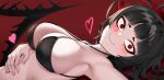  1girl armpits bangs bikini black_bikini black_hair blue_archive blunt_bangs blush breasts h.kai_1234 halo hand_on_own_stomach heart highres large_breasts long_hair looking_at_viewer red_background red_eyes smile solo string_bikini sweat sweating_profusely swimsuit tsurugi_(blue_archive) tsurugi_(swimsuit)_(blue_archive) wavy_mouth wings 