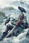  armor bird bird_wings crow death frost frostbite frozen gwent_(game) highres holding holding_sword holding_weapon lying non-web_source on_back on_ground snow sword the_witcher_(series) weapon wings 