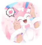  1other :d blush closed_eyes commentary_request eyelashes facing_viewer fangs heart highres ka_ei_volltis open_mouth petting pokemon pokemon_(creature) smile spoken_heart sylveon tongue 