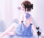  1girl amaroku_neko arm_support back back_tattoo backless_dress backless_outfit bangs barefoot bed_sheet bell black_bow black_cat blue_bow blue_dress blue_ribbon blurry blurry_background bow brown_eyes brown_hair cat character_request commentary copyright_request crossed_legs dress eyelashes feet flower frilled_dress frills from_behind highres leg_tattoo legs looking_back medium_hair mouth_hold neck_ribbon ribbon rose shadow shiny shiny_hair shiny_skin short_dress sidelocks sitting soles solo stuffed_toy symbol-only_commentary tattoo toes 
