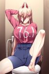  1girl arm_up barefoot blonde_hair breasts chainsaw_man highres horns large_breasts lindaroze orange_eyes power_(chainsaw_man) shirt shorts toilet 