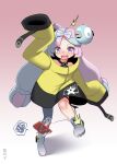  1girl bow-shaped_hair character_hair_ornament grey_footwear grey_pantyhose hair_ornament hexagon_print highres iono_(pokemon) jacket kazunoko_(saria001) long_hair low-tied_long_hair multicolored_hair oversized_clothes pantyhose pink_eyes pink_hair pokemon pokemon_(game) pokemon_sv rotom rotom_phone sharp_teeth shirt single_leg_pantyhose sleeveless sleeveless_shirt sleeves_past_fingers sleeves_past_wrists solo teeth twintails two-tone_hair very_long_hair yellow_jacket 