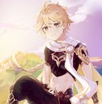  1boy aether_(genshin_impact) ahoge armor blonde_hair blue_sky capelet day earrings genshin_impact hair_between_eyes highres jewelry long_hair looking_at_viewer midriff navel outdoors pants scarf sky user_sawamaru white_capelet yellow_eyes 