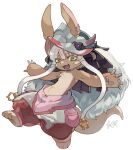  1other :3 abuku androgynous animal_ears bangs barefoot blunt_bangs body_fur brown_fur claws fake_horns fang full_body hair_between_eyes helmet horizontal_pupils horned_helmet horns looking_at_viewer made_in_abyss nanachi_(made_in_abyss) open_mouth rabbit_ears sidelocks signature smile solo tail whiskers white_background white_hair yellow_eyes 