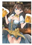  1girl absurdres alcohol apron bangs beer beer_mug blue_eyes blurry blurry_background blush breasts brown_hair cameltoe cleavage cup dress dual_wielding frills hair_ornament hairband hairclip highres holding indoors large_breasts long_hair mug neck_ribbon open_mouth original panties puffy_short_sleeves puffy_sleeves ribbon shiny shiny_hair shiny_skin short_sleeves simple_background skirt smile solo sunsun2812 tavern teeth thighs underwear upper_teeth waist_apron waitress 