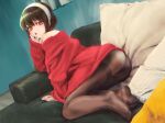  1girl ass baggy_clothes bare_shoulders black_hair black_pantyhose couch feet full_body hair_between_eyes hair_up hand_to_own_mouth hendric_(gsyv3424) highres indoors looking_at_viewer no_shoes off-shoulder_sweater off_shoulder panties panties_under_pantyhose pantyhose parted_lips pillow red_eyes red_sweater sidelocks solo spy_x_family sweater underwear white_hair yor_briar 