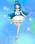 1girl bangs belt blue_eyes blue_hair dress full_body happinesscharge_precure! highres long_hair long_sleeves official_art one_eye_closed precure precure_connection_puzzlun shirayuki_hime sidelocks smile solo standing standing_on_one_leg third-party_source white_dress white_footwear 