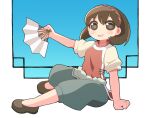  1girl blush_stickers breasts brown_eyes brown_hair full_body gensou_suikoden gensou_suikoden_ii hairband looking_at_viewer nanami_(suikoden) open_mouth pants shirt short_hair smile solo ugif 