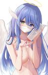  1girl absurdres angel angel_wings bangs blue_eyes blue_hair blush bottle commentary covered_mouth green_eyes hair_between_eyes halo hands_up heart heart-shaped_pupils heterochromia highres holding holding_bottle long_hair looking_at_viewer lotion lotion_bottle mask mouth_mask original simple_background solo suggestive_fluid sunscreen symbol-shaped_pupils topless up_(osk50217) upper_body wet white_background white_wings wing_hair_ornament wings 